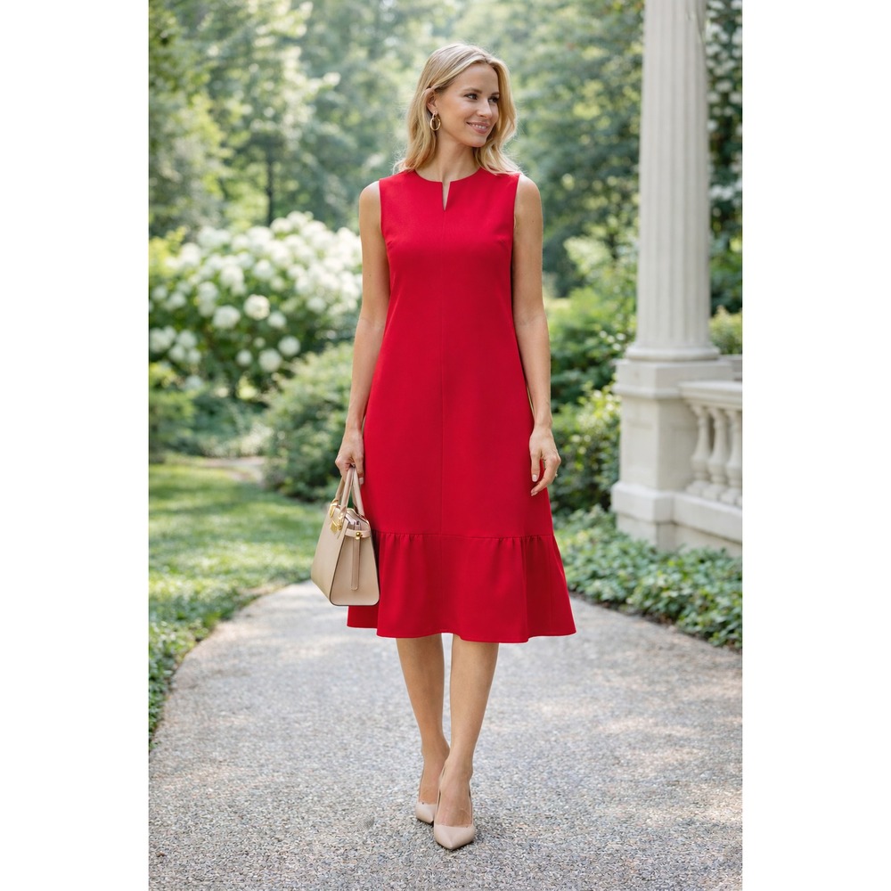 Carolina Herrera Dress Womens 4 Red Sleeveless Ruffle Hem Midi Shift Keyhole NEW